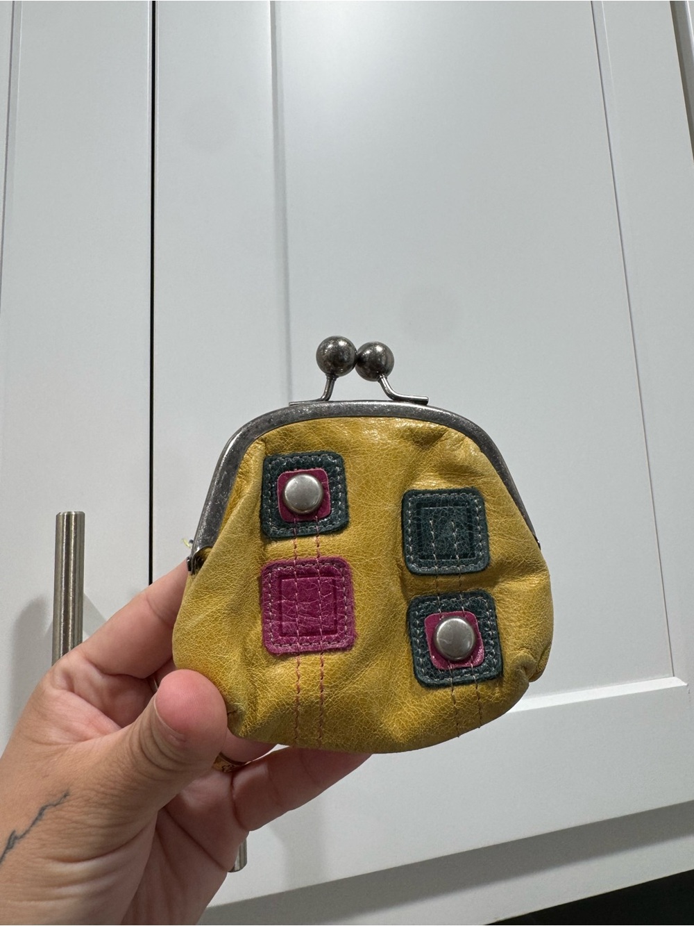 Fossil Yellow Leather Kiss-Lock Coin Purse with Pink and Teal Accents